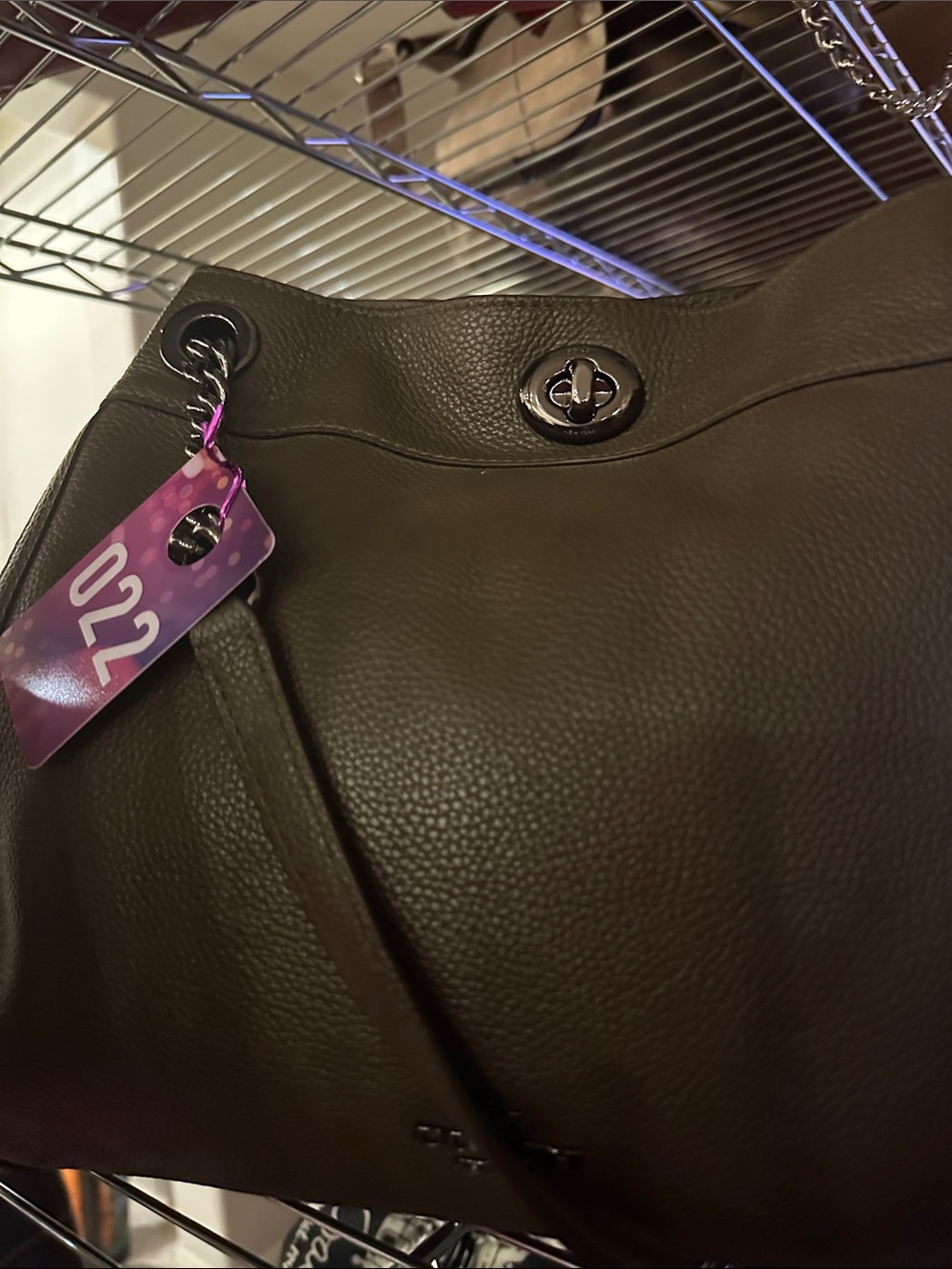 Coach #022 Olive Brown Pebbled Leather Shoulder Bag with Gunmetal Chain